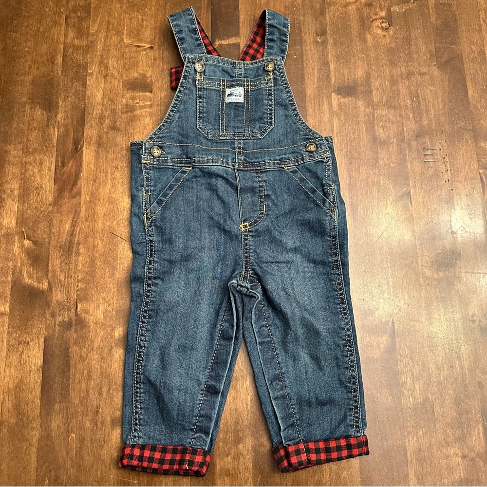 Carters Baby Boy 12‎ Month Overalls Train Holiday Christmas Buffalo Plaid Denim